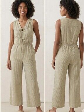 New Sleeveless Striped Wide-Leg Jumpsuit in Light Olive - Monteau Size Small